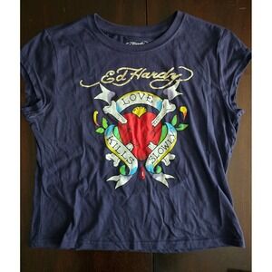 Ed Hardy Love Kills Slowly Graphic Tee Navy Blue Gold Foil XL Women Top